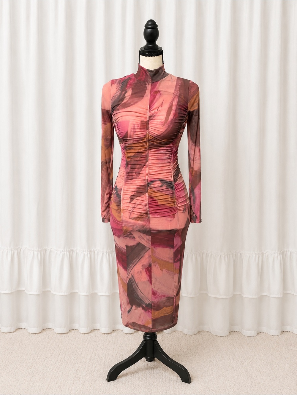 Anthropologie Mesh Abstract Print Maxi Dress XS Ruched Mock Neck Bodycon